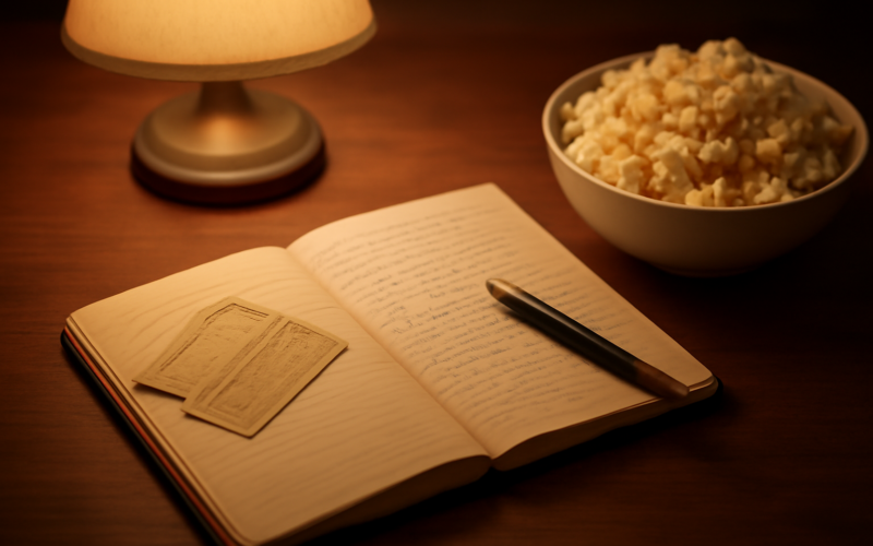 Tiket film dan catatan perbandingan tontonan di atas meja kayu dengan semangkuk popcorn