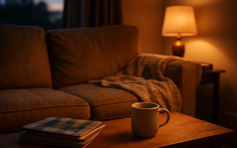 Ruang tamu nyaman dengan sofa, selimut, dan cangkir teh untuk menonton film drama komedi