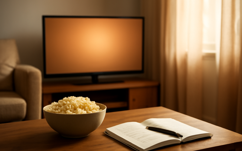 Ruang menonton dengan televisi, popcorn, dan catatan untuk membandingkan drama komedi